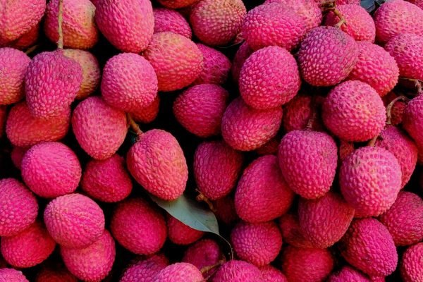 Vibrant pile of ripe lychee fruits showcasing exotic tropical abundance.
